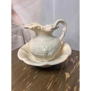 Vintage MCM McCoy Brand Pottery Water Pitcher and Bowl Basin Cream Brown Specks